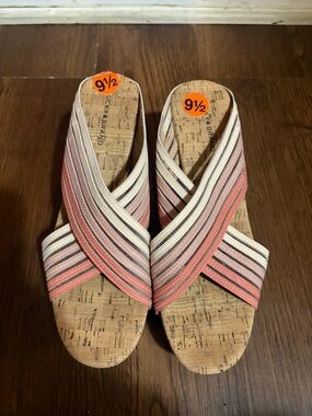 Lucky Brand Cork Heel Slide Sandals | Size 9.5 | Striped Crisscross Summer Heels